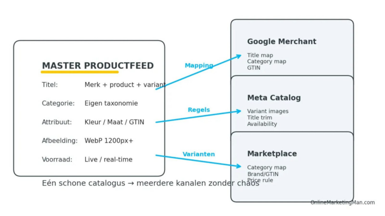 Diagram showing feed distribution and channel mapping from one central ecommerce catalog to multiple marketplaces and advertising channels