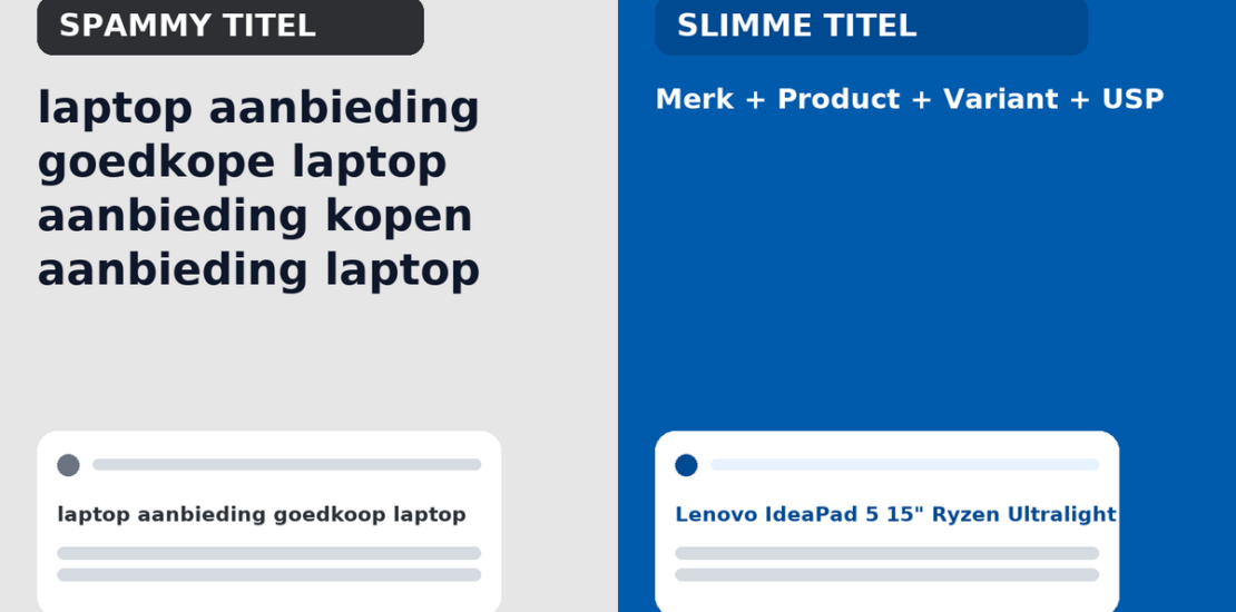 Slimme producttitels vs. spammy titels — merk + product + variant + USP wint op CTR.