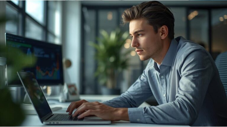 Marketingprofessional analyseert AI-gedreven klantdata voor slimme segmentatie.