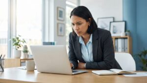 Marketingprofessional analyseert strategie op laptop in modern kantoor, passend bij cross-channel aanpak voor feestdagen 2025.