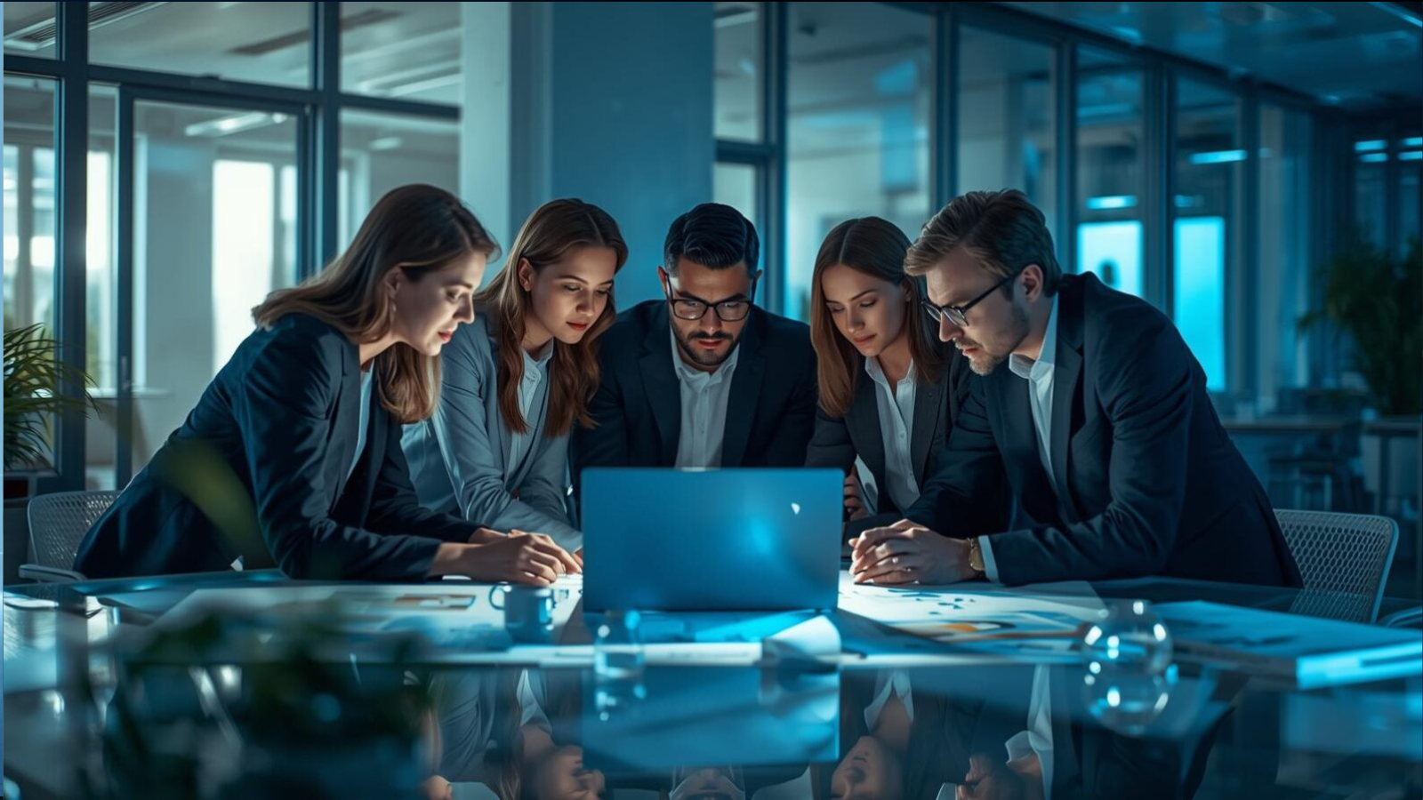 Marketing team analyzing automation workflows and performance dashboards on laptop during campaign planning