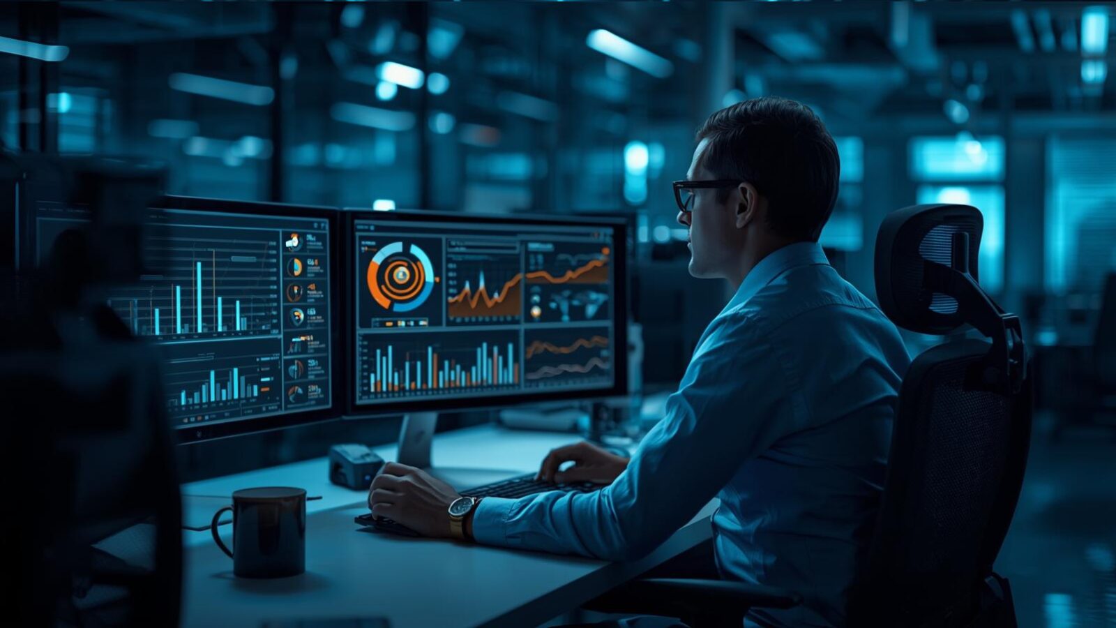 Data-analist bekijkt marketing automation KPI’s op meerdere schermen in een moderne kantooromgeving.