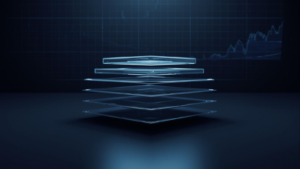 Abstract visualization of a marketing operating model with layered structure, KPI hierarchy and profit steering.