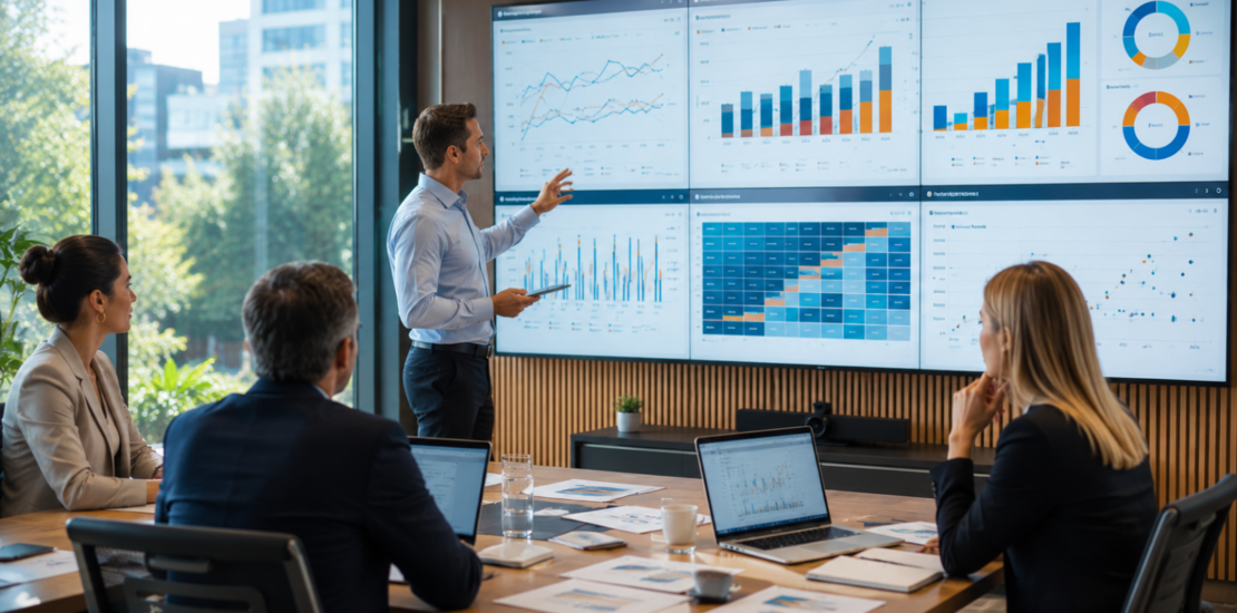 Managementteam analysiert Marketing-Dashboards, KPIs und Entscheidungsdaten in einem strategischen Meeting.