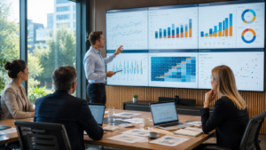 Managementteam analysiert Marketing-Dashboards, KPIs und Entscheidungsdaten in einem strategischen Meeting.