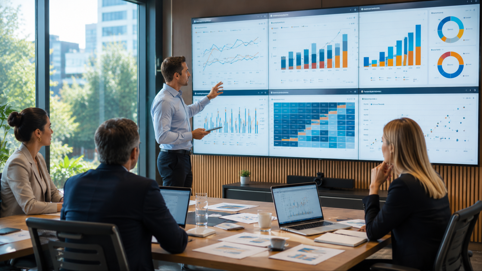 Managementteam analysiert Marketing-Dashboards, KPIs und Entscheidungsdaten in einem strategischen Meeting.