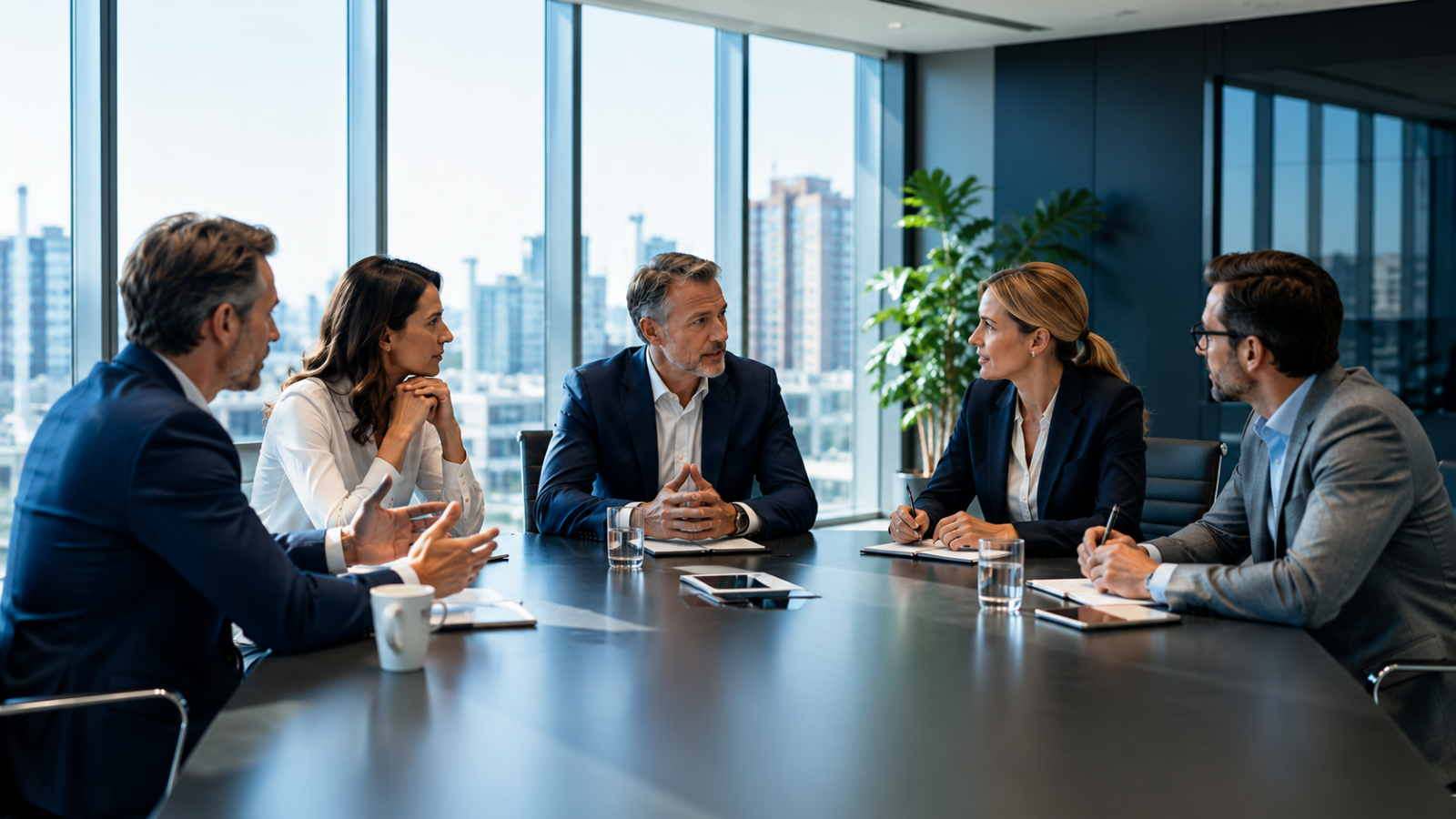 Bestuurders bespreken groeidoelstellingen, marketinginvesteringen en commerciële samenwerking in een moderne boardroom.