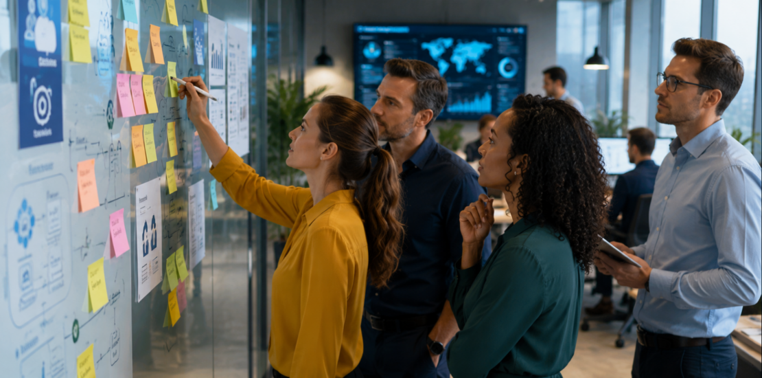 Business-Team plant Governance, Verantwortlichkeiten und Umsetzung einer digitalen Transformation.