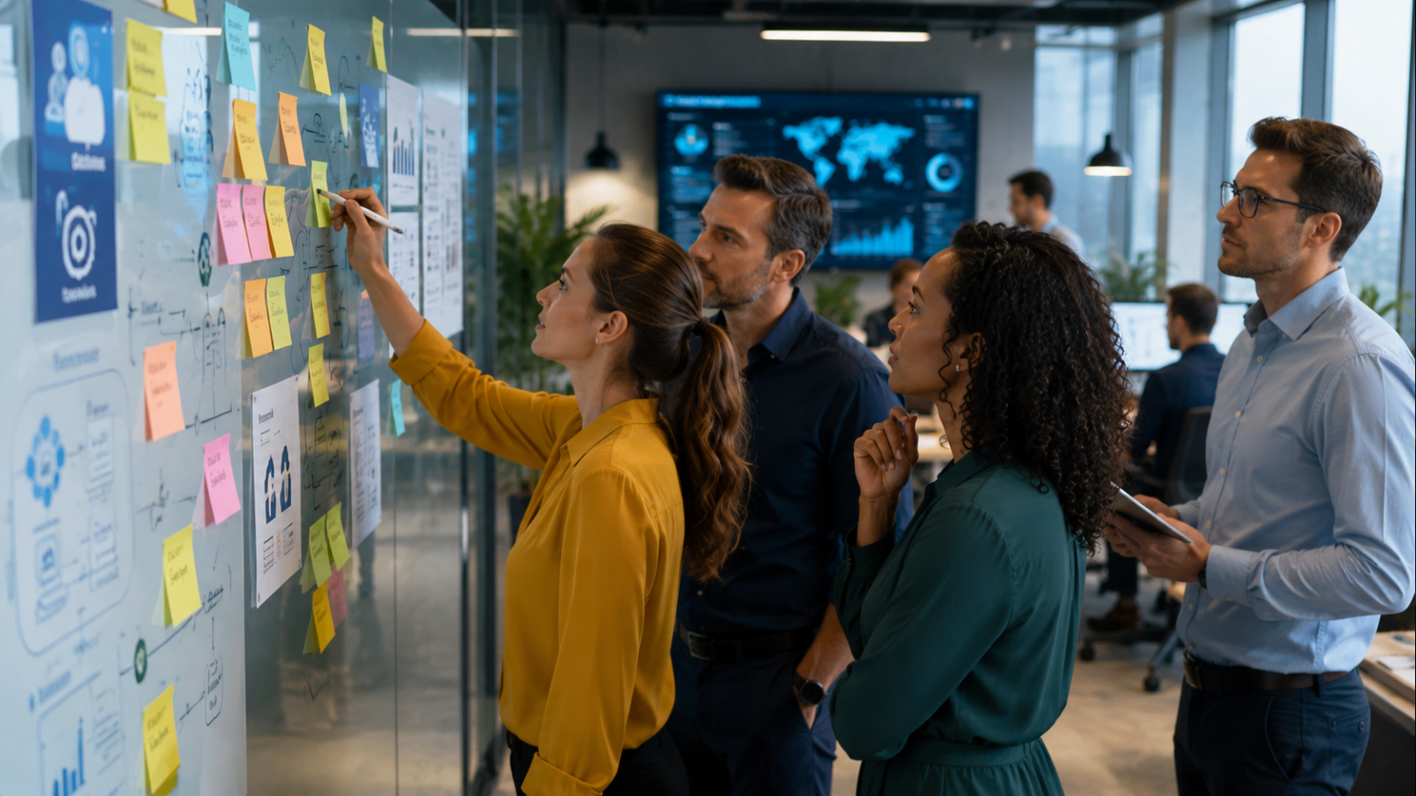 Business-Team plant Governance, Verantwortlichkeiten und Umsetzung einer digitalen Transformation.