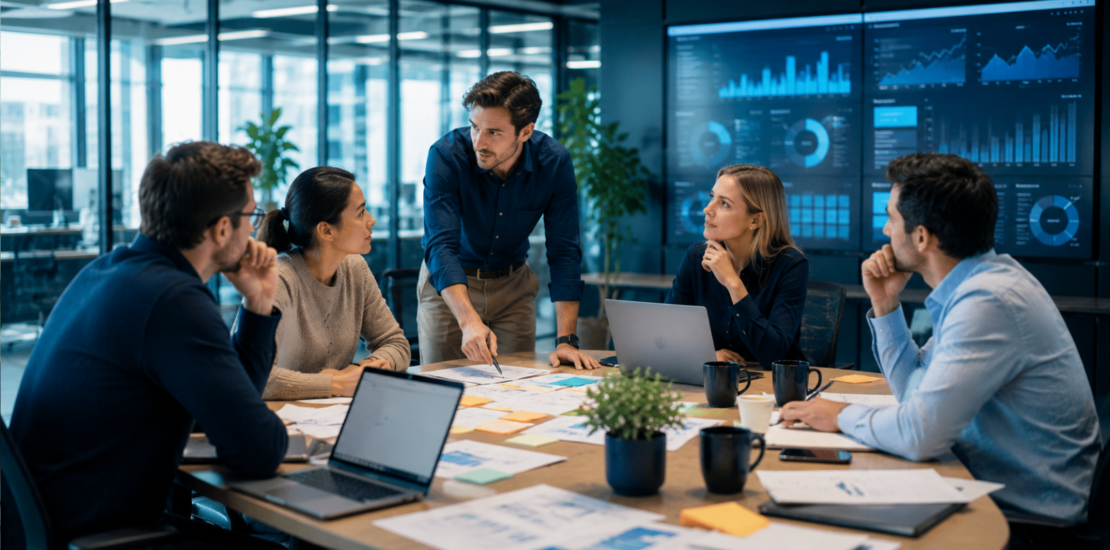 Marketingteam analysiert Dashboards und Kampagnenprioritäten, um mit weniger Ressourcen effizienter zu arbeiten.