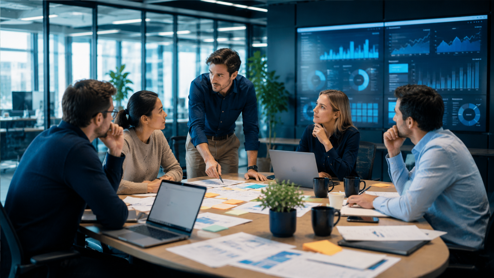 Marketingteam analysiert Dashboards und Kampagnenprioritäten, um mit weniger Ressourcen effizienter zu arbeiten.