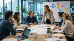 Marketingteam bespreekt rollen, processen en verantwoordelijkheden tijdens een strategische groeisessie.