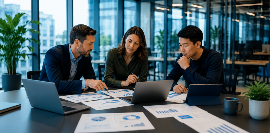 Business-Team analysiert Revenue-Operations-Daten für Marketing, Sales, KPIs und Kundenwert.