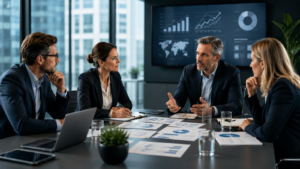 Executive team discussing growth priorities, marketing focus, and organizational complexity.
