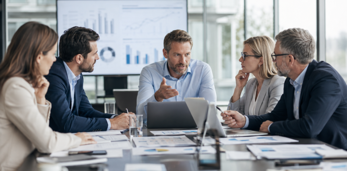 Marketing-Führungsteam bespricht operative Exzellenz, Ausführungsqualität, Daten und profitables Wachstum.