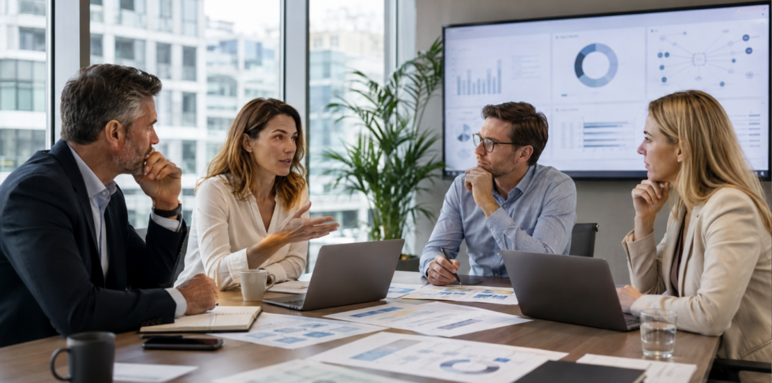 Managementteam bespreekt marketingbudgetten, processen en besluitvorming tijdens een strategisch overleg.