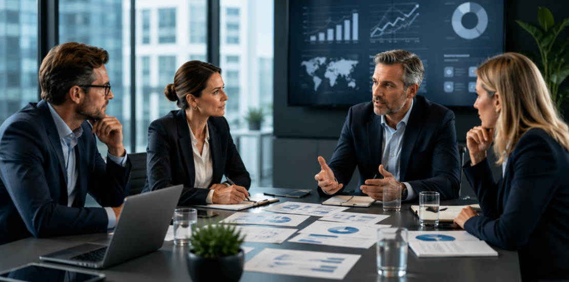 Executive-Team diskutiert Wachstumsprioritäten, Marketingfokus und organisatorische Komplexität.