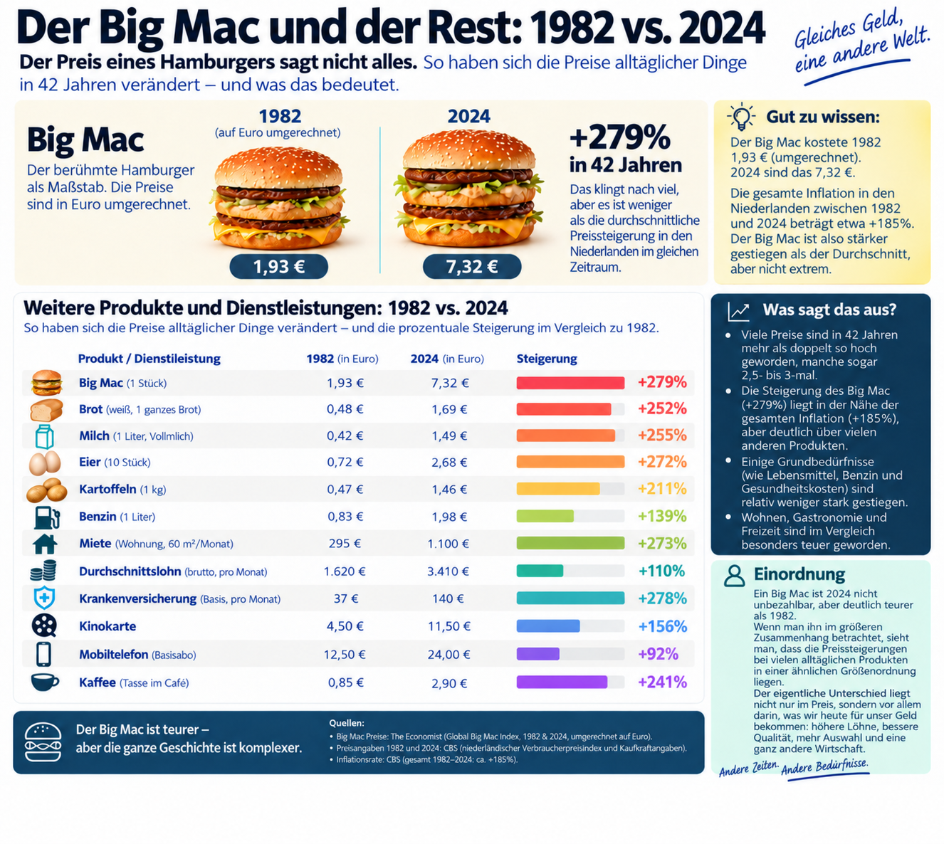 Infografik zum Big-Mac-Preisvergleich 1982 und 2024 sowie zur Inflation in den Niederlanden