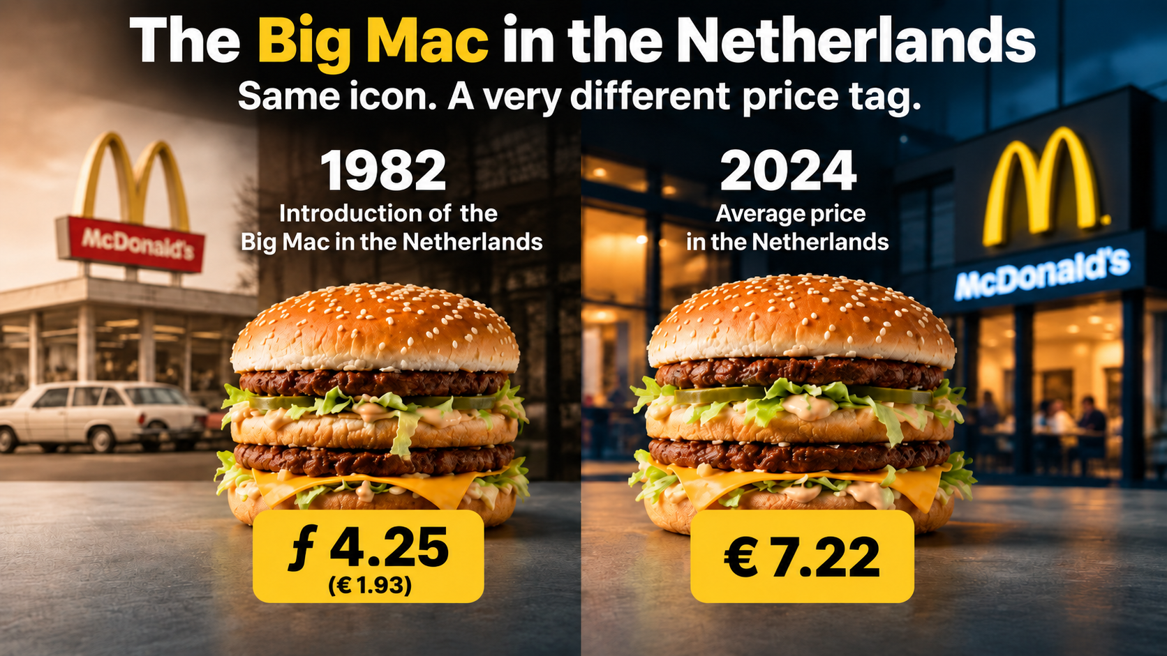 Big Mac price comparison in the Netherlands between 1982 and 2024