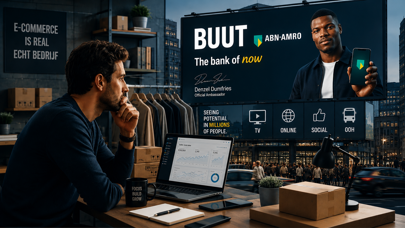 BUUT dropshipping ad by ABN AMRO with Denzel Dumfries contrasted with a professional e-commerce entrepreneur
