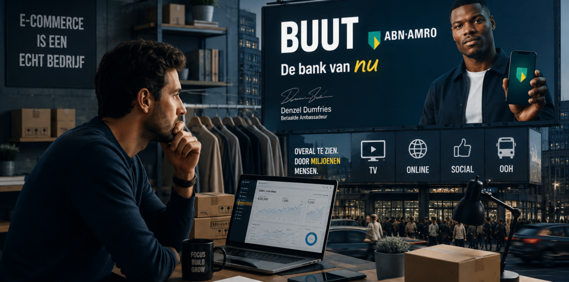 BUUT-reclame over dropshipping van ABN AMRO met Denzel Dumfries tegenover een e-commerceondernemer