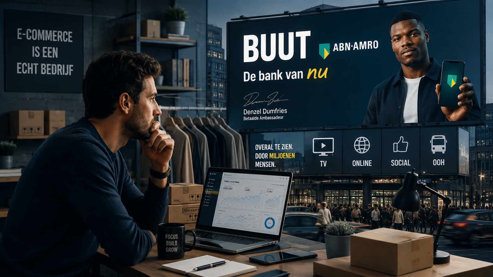 BUUT-reclame over dropshipping van ABN AMRO met Denzel Dumfries tegenover een e-commerceondernemer