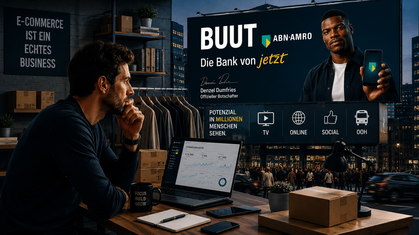 BUUT-Werbung über Dropshipping von ABN AMRO mit Denzel Dumfries im Kontrast zu einem professionellen E-Commerce-Unternehmer