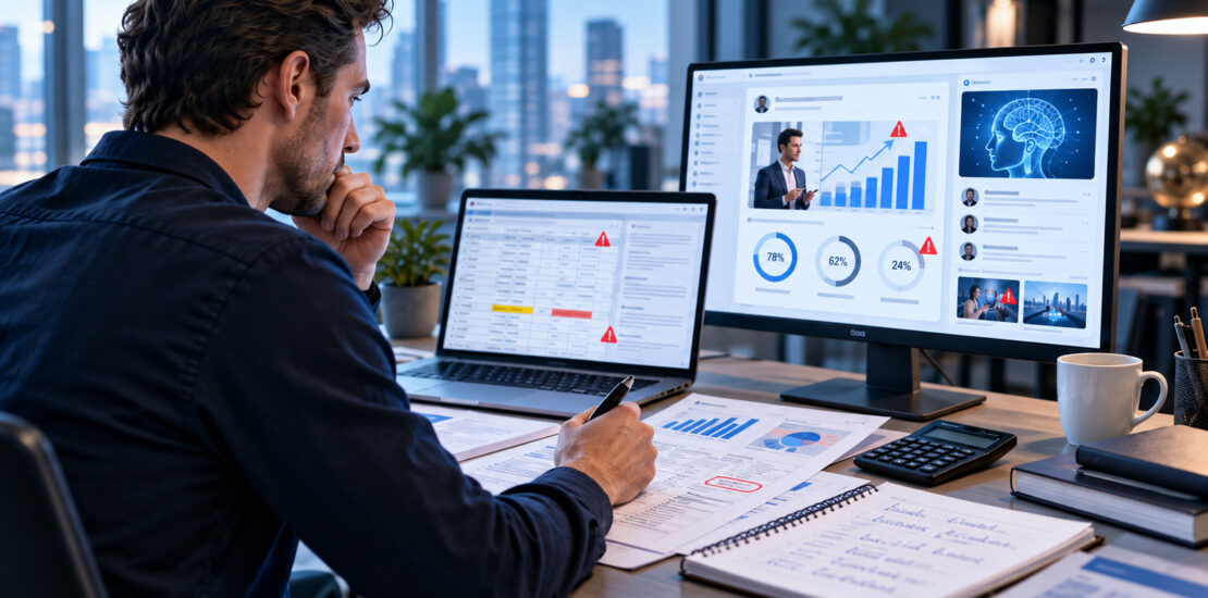 arketingprofessional controleert data en bronnen achter een overtuigende LinkedIn-infographic