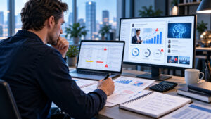 arketingprofessional controleert data en bronnen achter een overtuigende LinkedIn-infographic