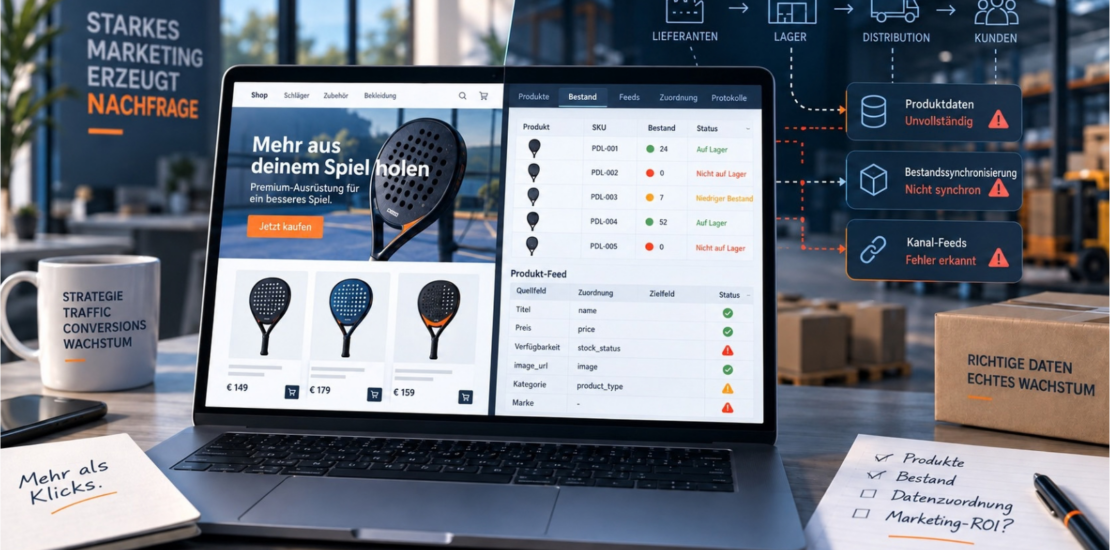 E-Commerce Supply Chain mit Produktdaten, Lagerbestand, Channel-Feeds und Marketing im Zusammenspiel