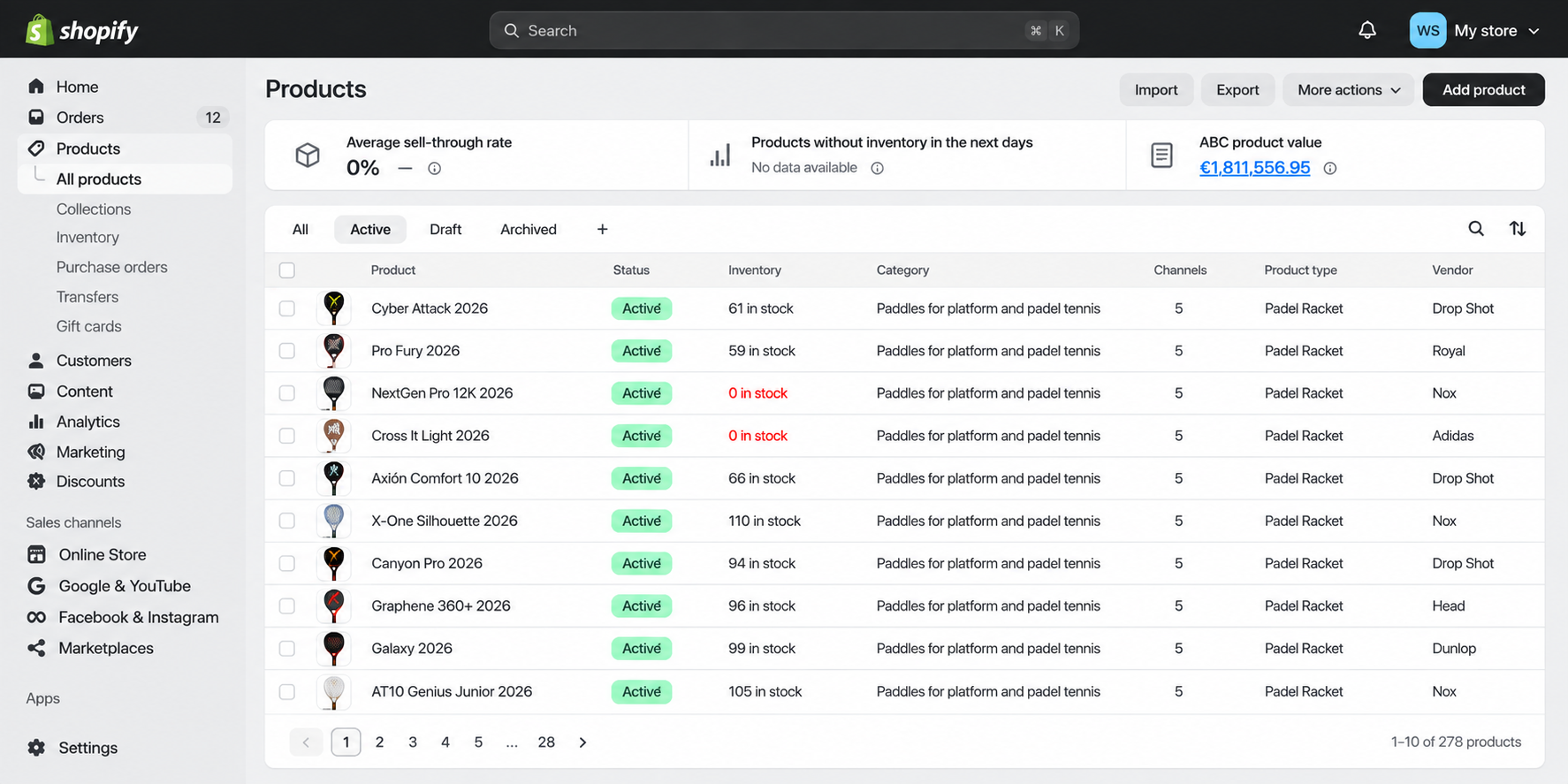 Anonymized Shopify overview of an e-commerce assortment with hundreds of product models and inventory statuses