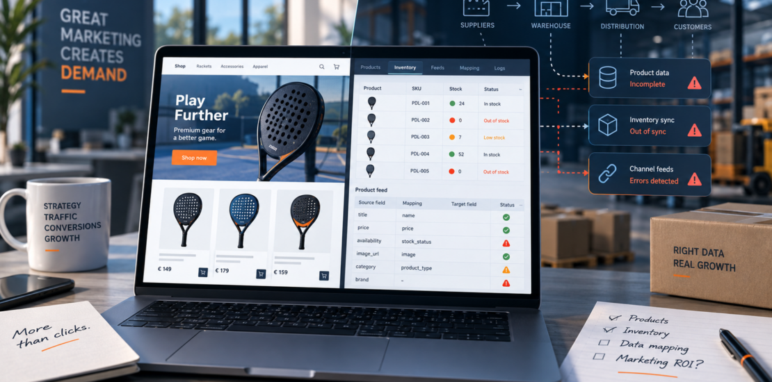 E-commerce supply chain showing product data, inventory synchronization, channel feeds, and marketing dependencies