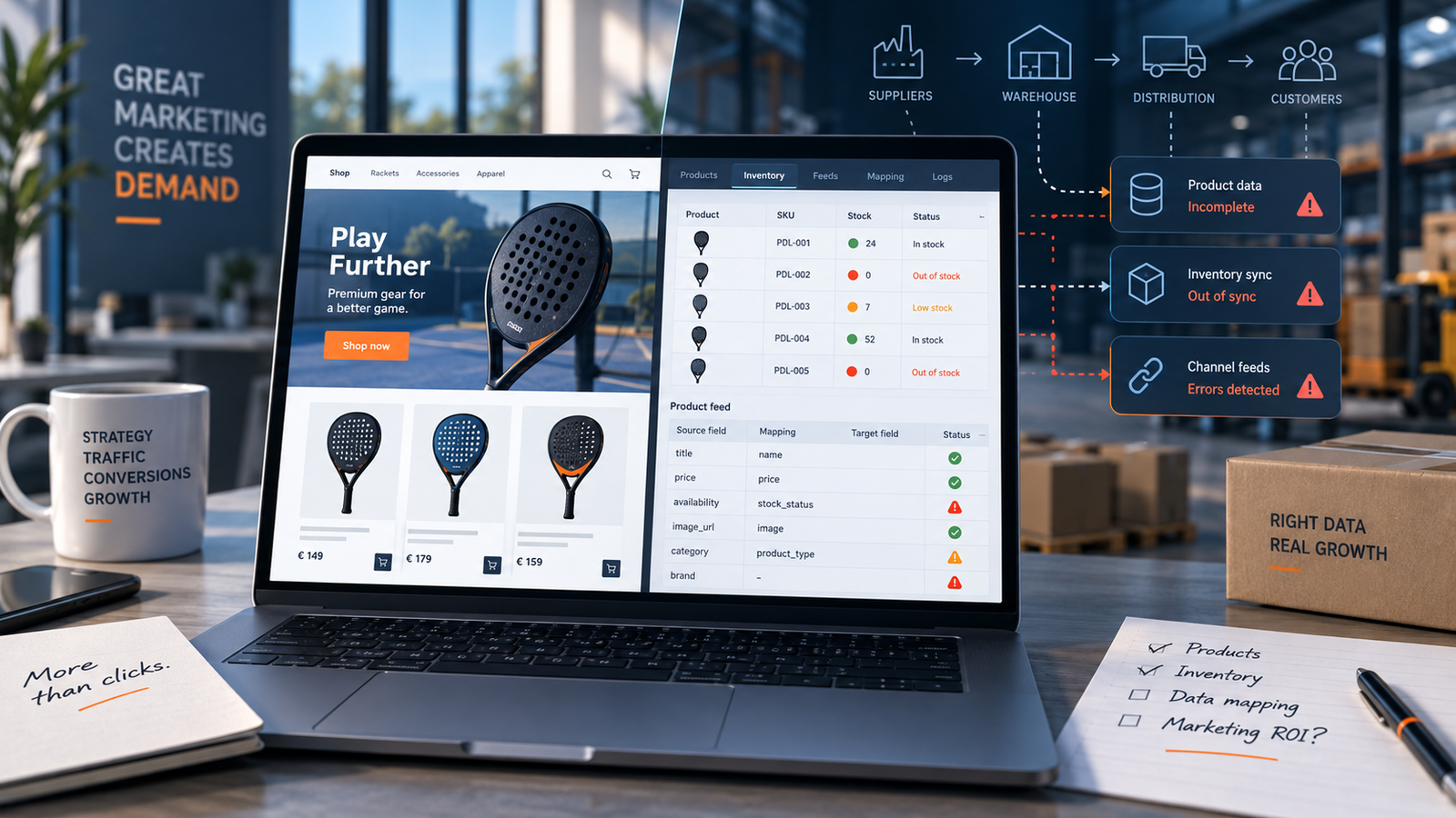 E-commerce supply chain showing product data, inventory synchronization, channel feeds, and marketing dependencies