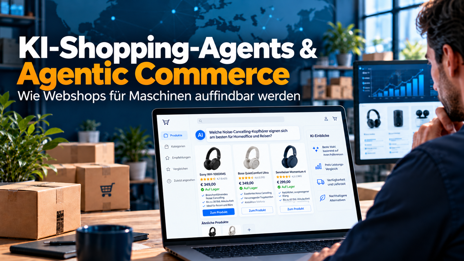 KI-Shopping-Agent vergleicht Produkte und Produktdaten für einen Onlinekauf im Agentic Commerce