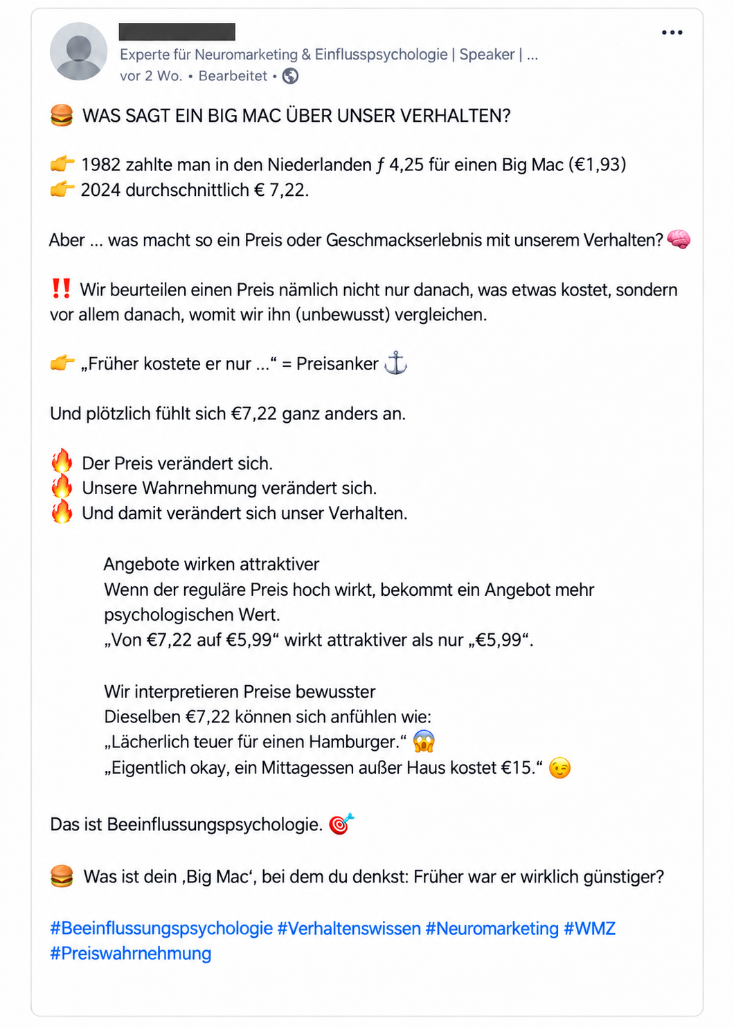 Anonymisierter LinkedIn-Beitrag über Big-Mac-Preise, Preisanker und Beeinflussungspsychologie