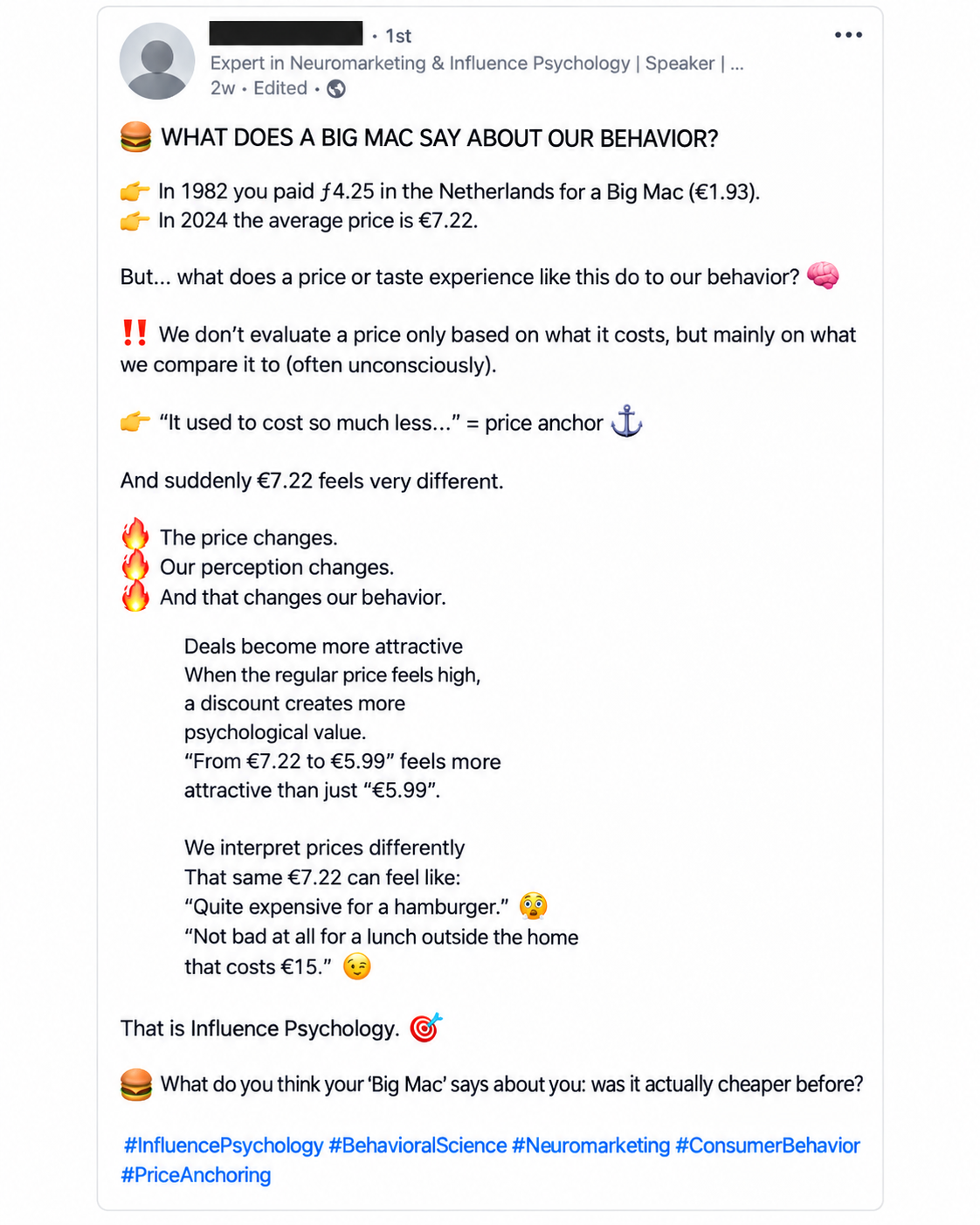 Anonymized LinkedIn post about Big Mac prices, price anchoring, and influence psychology