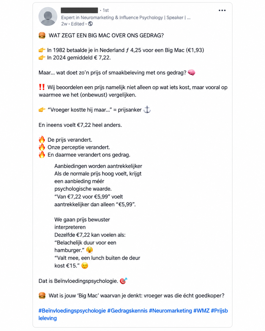 Geanonimiseerde LinkedIn-post over Big Mac-prijzen, prijsankering en beïnvloedingspsychologie