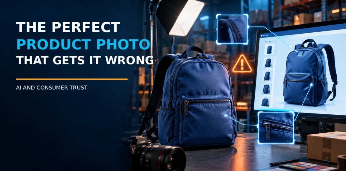 Real blue backpack compared with an AI-enhanced online product image and warning indicators about visual accuracy