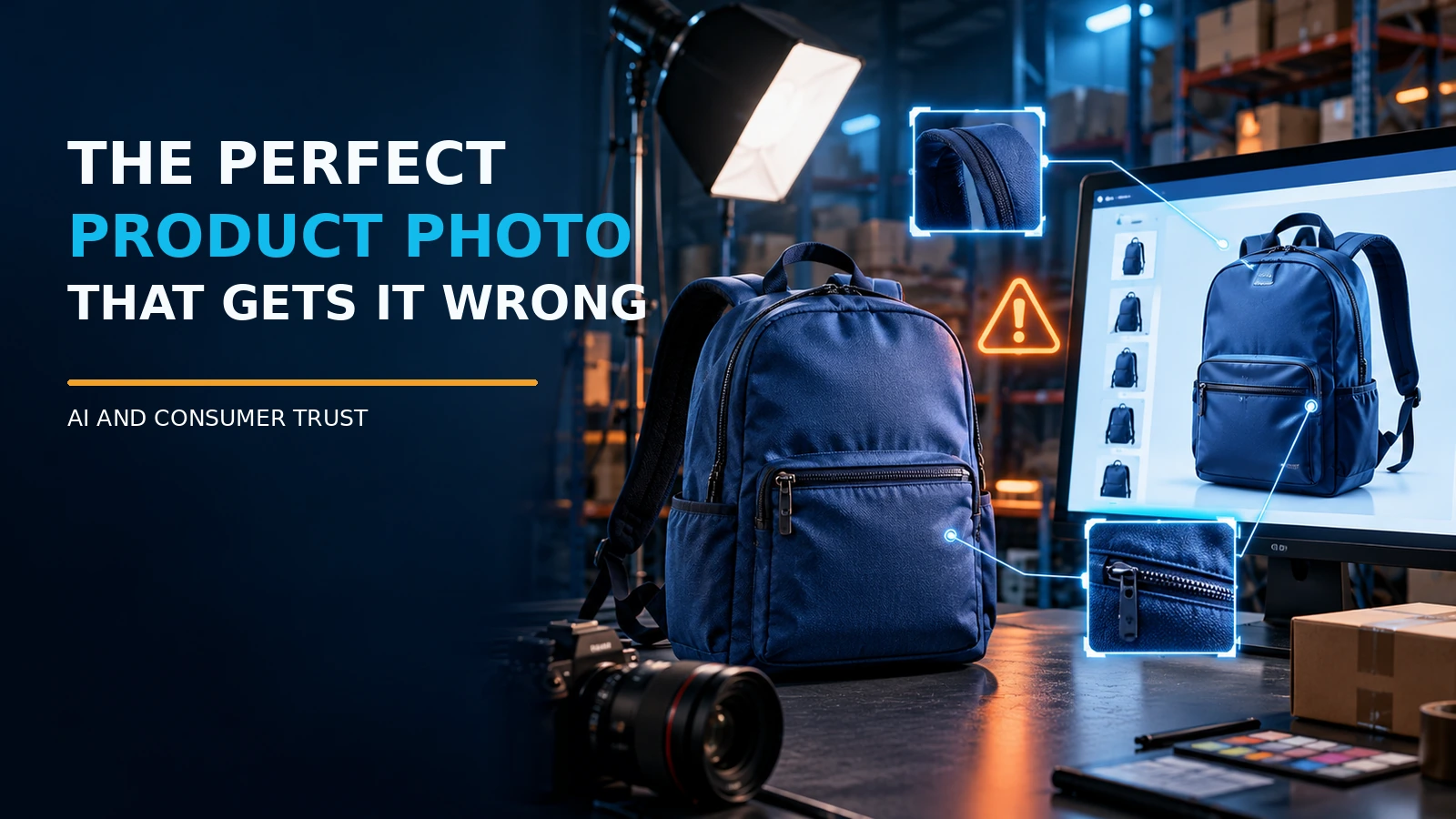 Real blue backpack compared with an AI-enhanced online product image and warning indicators about visual accuracy
