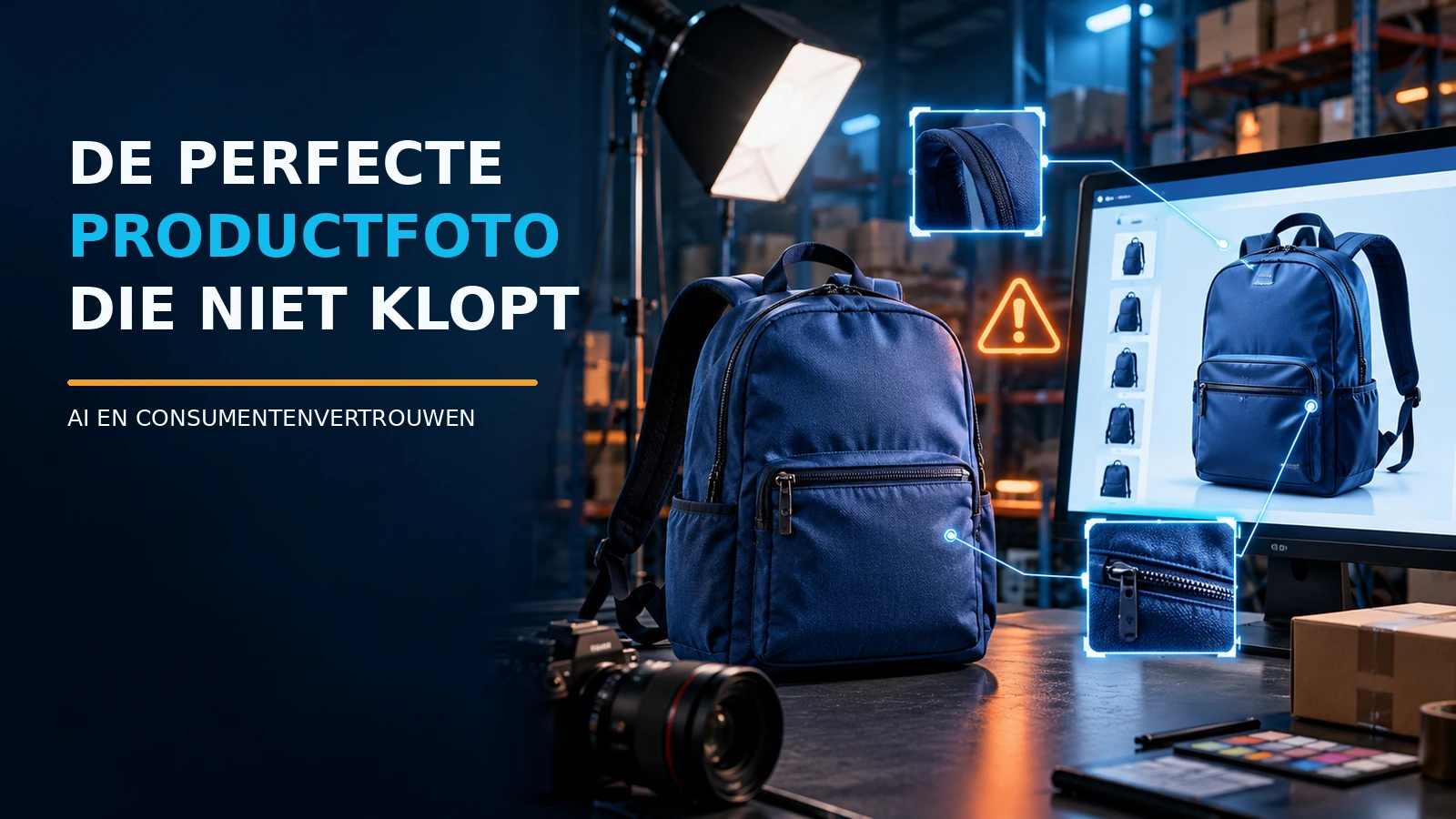 Echte blauwe rugzak naast een digitaal bewerkte productpresentatie met visuele waarschuwingssymbolen over AI-productafbeeldingen