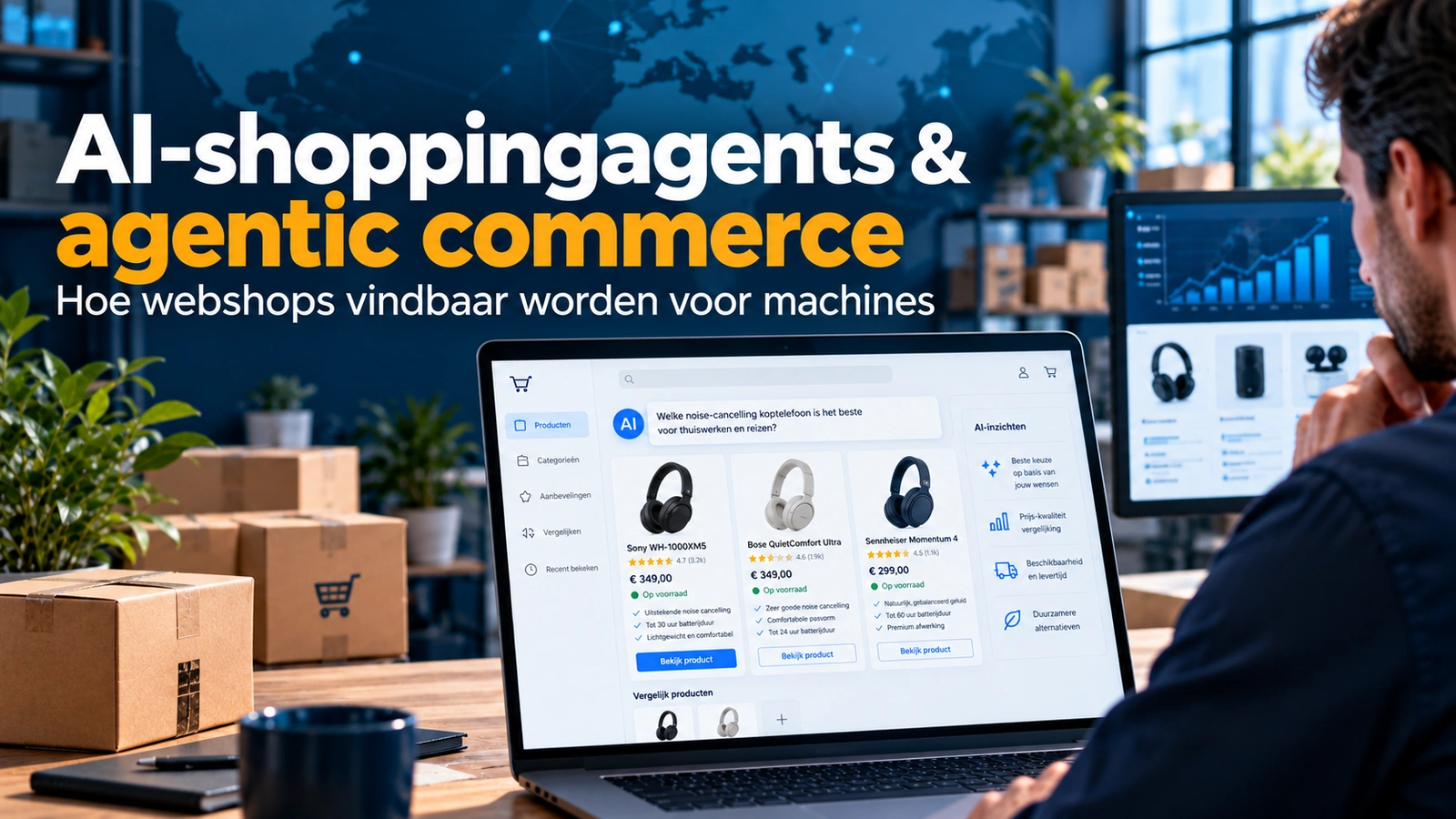 AI-shoppingagent vergelijkt producten en productdata voor een online aankoop in agentic commerce