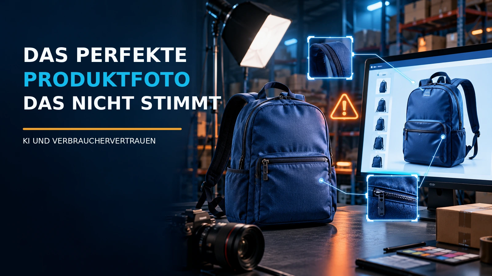 Echter blauer Rucksack neben digital optimierter Produktabbildung und Warnsymbolen zur Genauigkeit von KI-Produktbildern