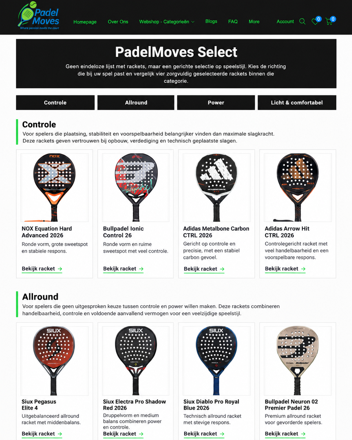 PadelMoves Select met geselecteerde padelrackets per speelstijl in de PadelMoves-webshop