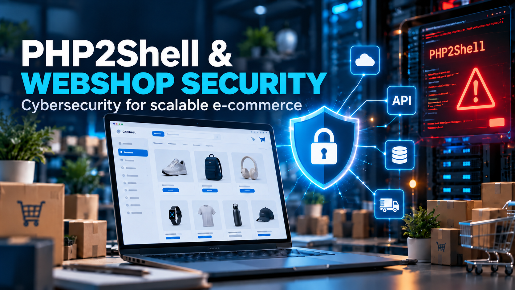 Conceptual online store infrastructure with secure API connections and warning indicators illustrating PHP2Shell risks