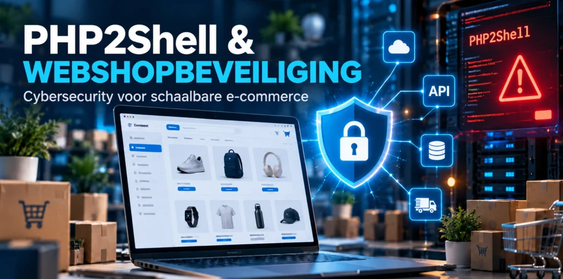 Conceptuele e-commerce-infrastructuur met beveiligde webshop, API-koppelingen en waarschuwingssignalen voor PHP2Shell