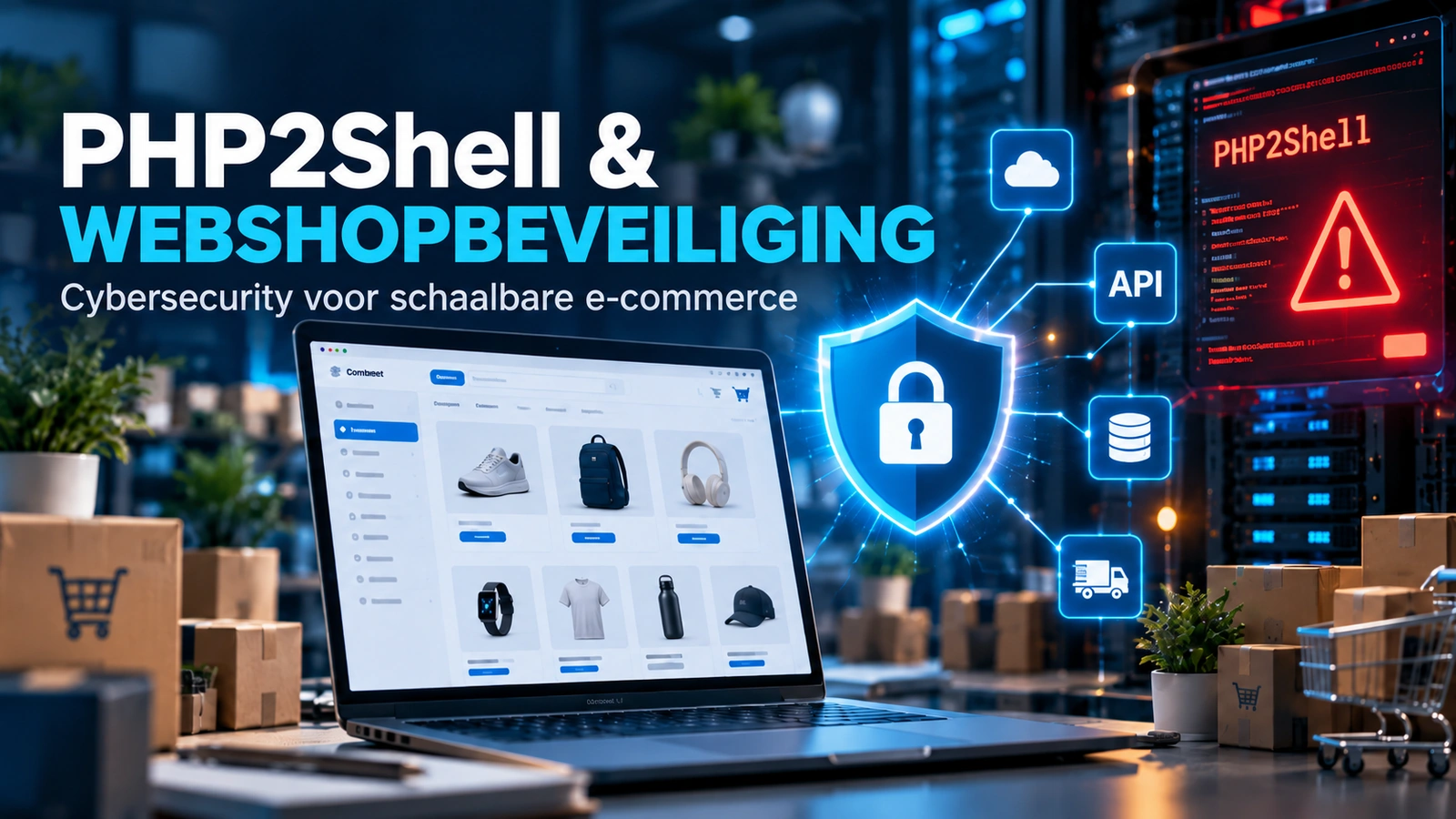 Conceptuele e-commerce-infrastructuur met beveiligde webshop, API-koppelingen en waarschuwingssignalen voor PHP2Shell
